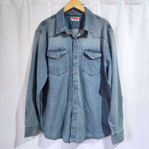 Wrangler Shirt Men's Size 2XL Long Sleeve Pearl Snap Button Up Cotton Blue Denim